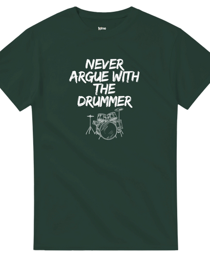 Casual lifestyle shot: tee on a chair beside a drum kit in the background