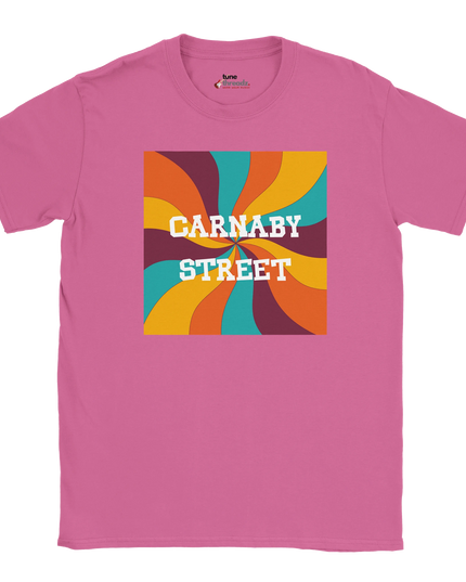 Close-up of vintage Carnaby Street print on soft cotton shirt