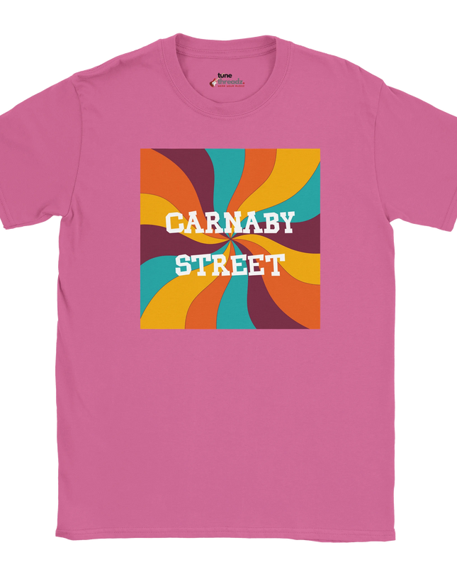 Close-up of vintage Carnaby Street print on soft cotton shirt