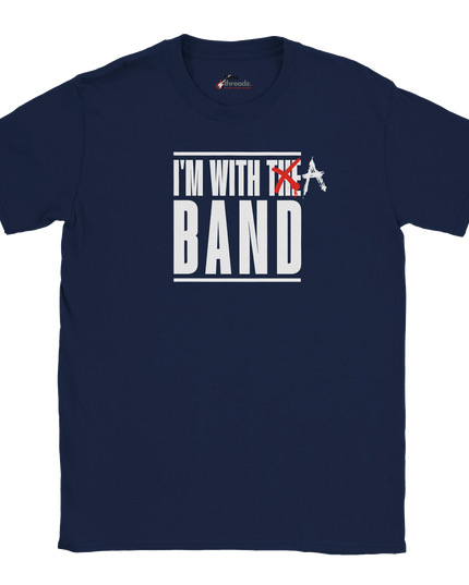 Close-up of typography design ‘I’m With a Band’ on T‑shirt