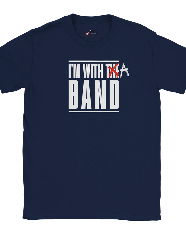 Close-up of typography design ‘I’m With a Band’ on T‑shirt