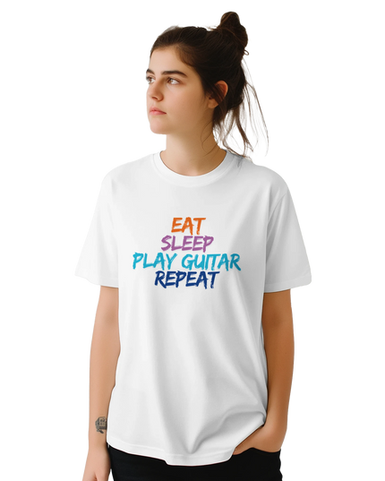 Black cotton unisex guitar practice repeat slogan T‑shirt