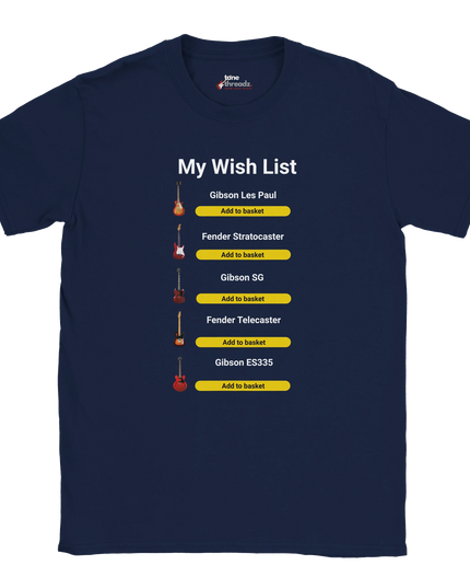 Close-up of music gear silhouettes printed on ‘My Wish List’ tee