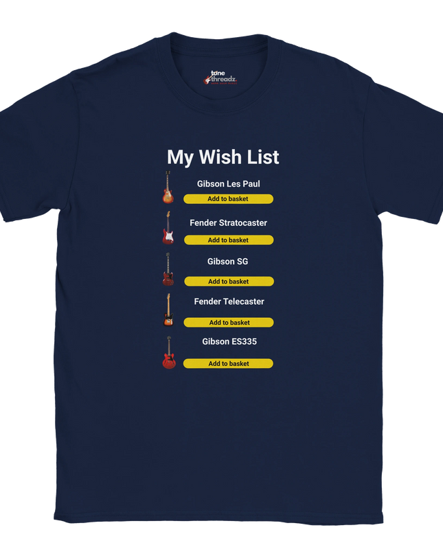 Close-up of music gear silhouettes printed on ‘My Wish List’ tee