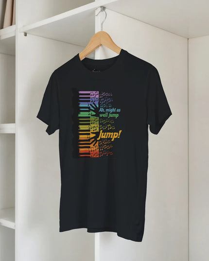 Close-up of Jump anthem text printed on relaxed-fit shirt
