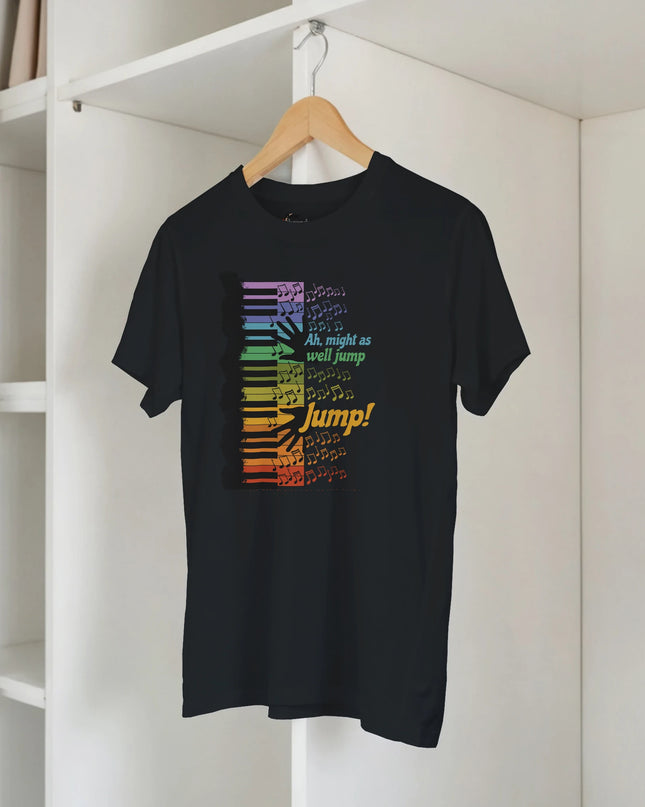 Close-up of Jump anthem text printed on relaxed-fit shirt