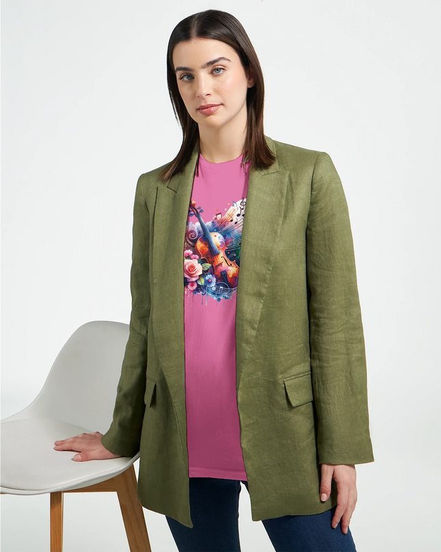 Model wearing relaxed-fit women’s classical crewneck tee