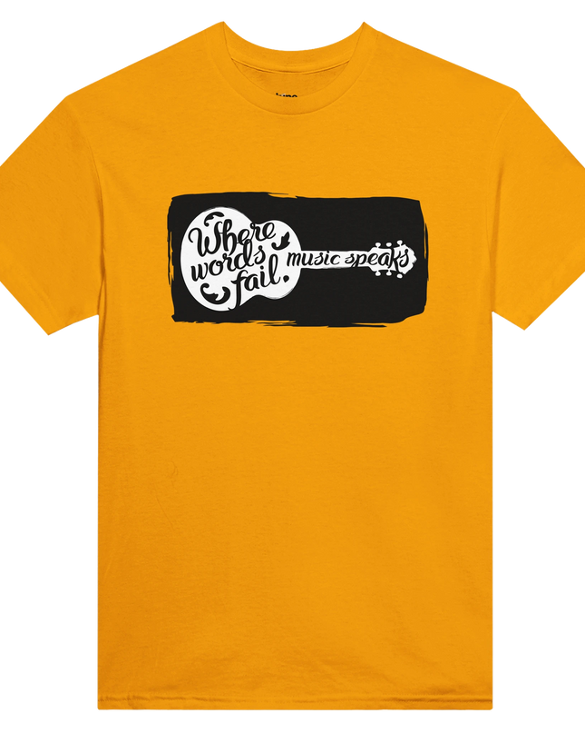Heavyweight cotton tee with bold ‘Where Words Fail Music Speaks’ lyric print
