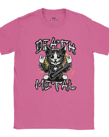 Close-up of metal cat illustration on front of shirt