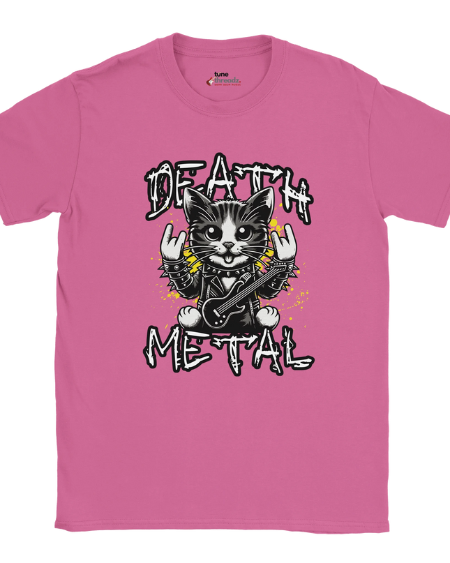Close-up of metal cat illustration on front of shirt