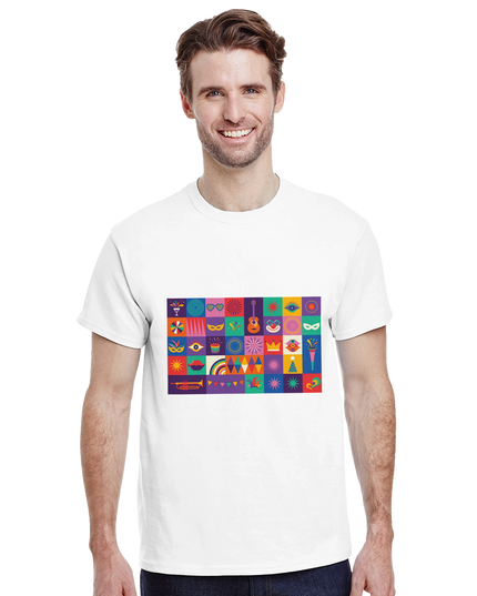 Heavyweight cotton tee laid flat displaying multicolor ‘Music’ graphic in vibrant hues