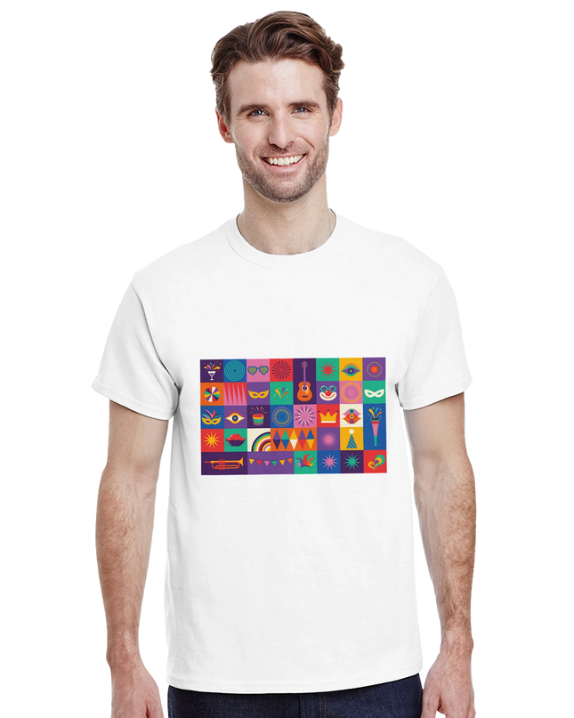 Heavyweight cotton tee laid flat displaying multicolor ‘Music’ graphic in vibrant hues