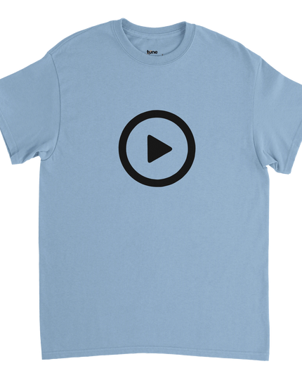 Flat-lay of Press Play music tee paired with headphones and cassette tape
