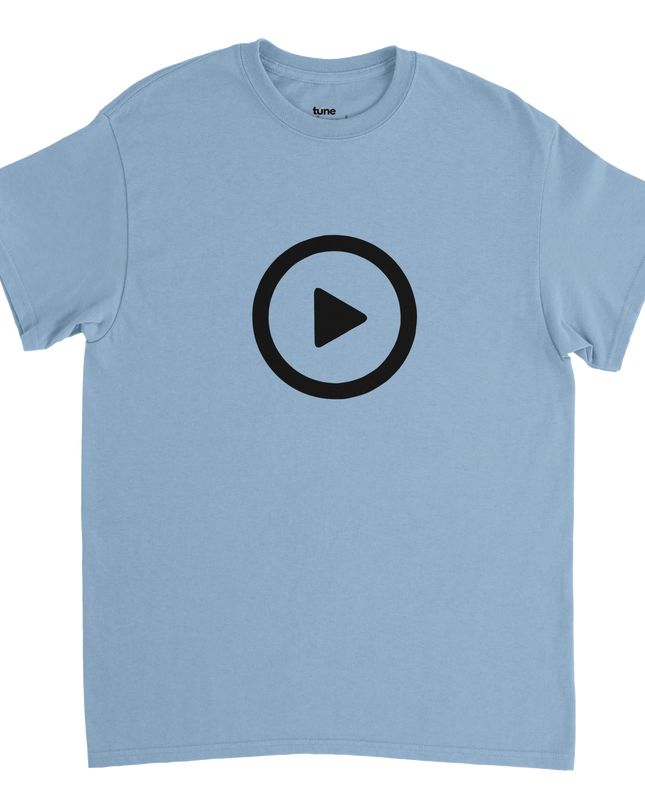 Flat-lay of Press Play music tee paired with headphones and cassette tape
