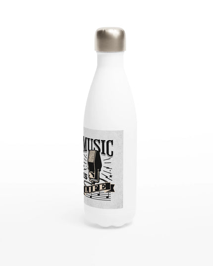 Close-up of leak‑proof lid and insulated bottle with music-themed design
