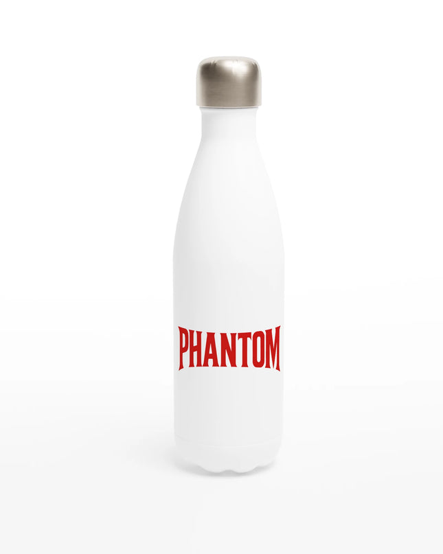 White 17 oz stainless steel water bottle with music-themed print