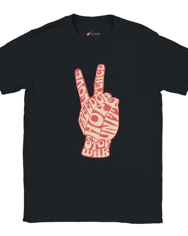 Close-up of retro peace symbol graphic on soft cotton shirt