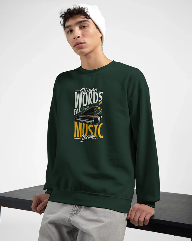 Close-up of ‘Music Speaks’ typography on relaxed-fit crewneck