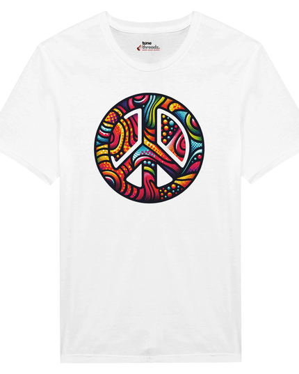 T-shirt with rainbow-style peace sign graphic for activists