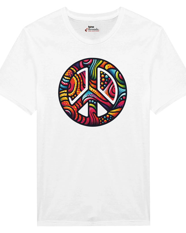 T-shirt with rainbow-style peace sign graphic for activists