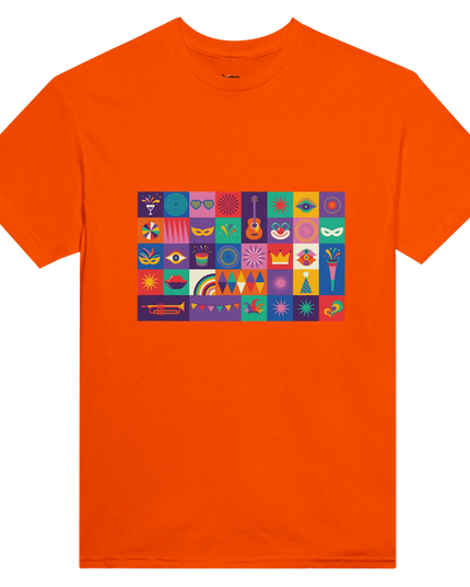 Model wearing multicolor music tee styled with denim outdoors