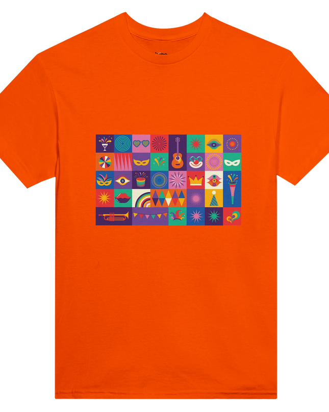Model wearing multicolor music tee styled with denim outdoors