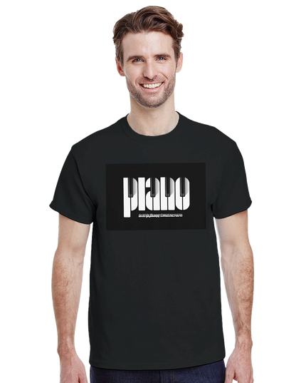 Model wearing Piano tee styled with headphones and sheet music