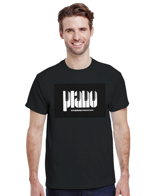 Model wearing Piano tee styled with headphones and sheet music
