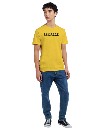 Close-up of Respect typography design on cotton T‑shirt