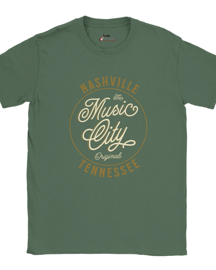 Model wearing Nashville Music City statement shirt with denim