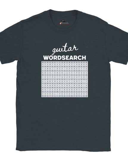 Wordsearch tee featuring hidden guitar and amplifier names in grid