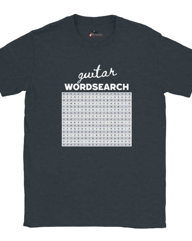 Wordsearch tee featuring hidden guitar and amplifier names in grid