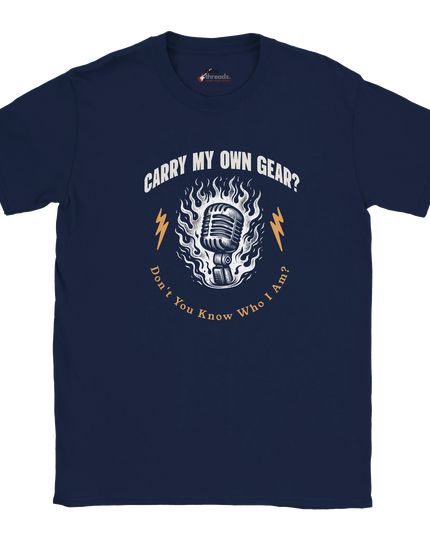 Close-up of text design ‘Carry My Own Gear?’ on cotton T‑shirt