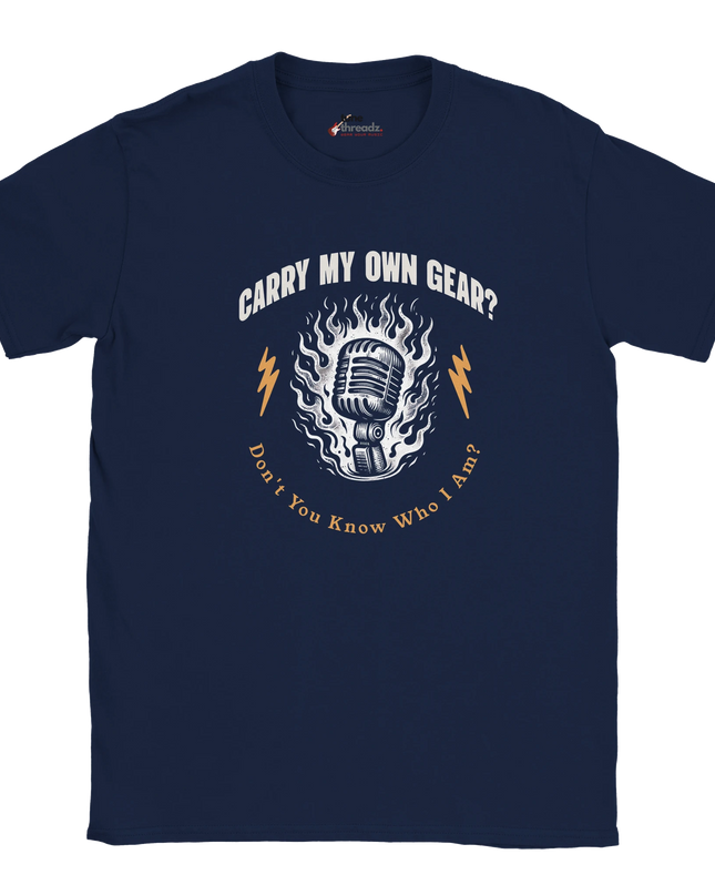 Close-up of text design ‘Carry My Own Gear?’ on cotton T‑shirt