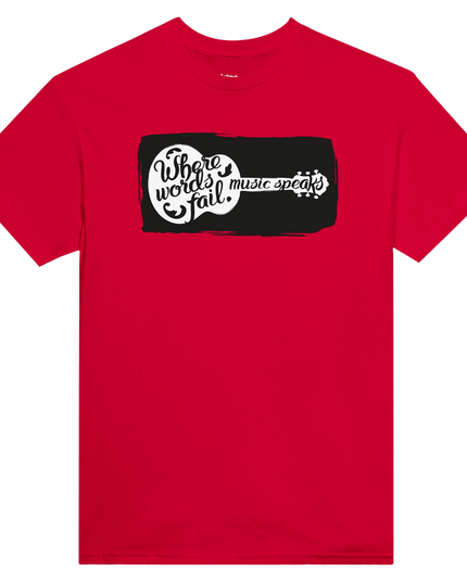 Close-up of seamless double‑needle collar and taped shoulder seams on Music Speaks tee
