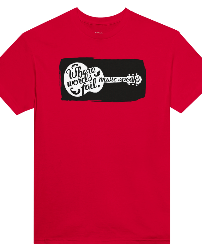 Close-up of seamless double‑needle collar and taped shoulder seams on Music Speaks tee
