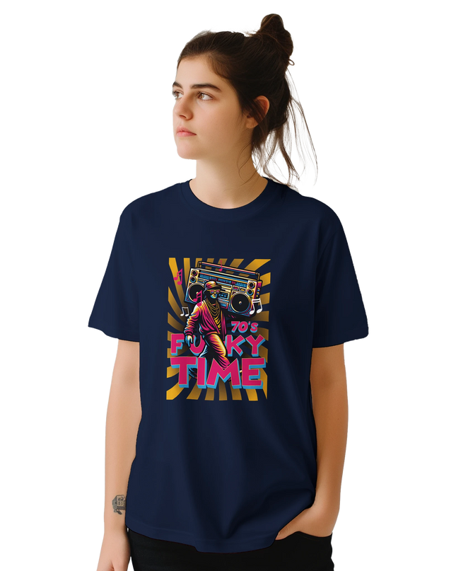 Flat-lay of Funky Time tee styled with sunglasses and vinyl