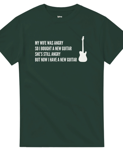 Heavyweight cotton tee with bold ‘My Wife Was Angry… Then She Met a Guitarist’ slogan