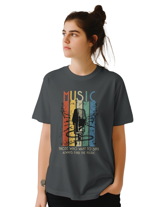 Close-up of inspirational music lyric text on tee