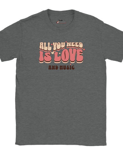 Model wearing 'All You Need Is Love and Music' relaxed-fit tee