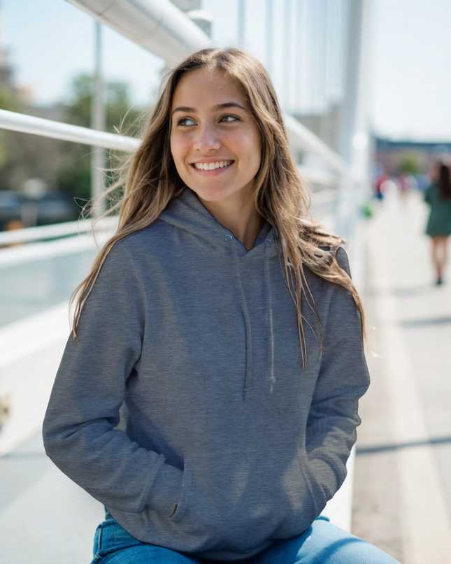 Model sitting on road case wearing hoodie, headphones around neck, with dim concert lighting.
