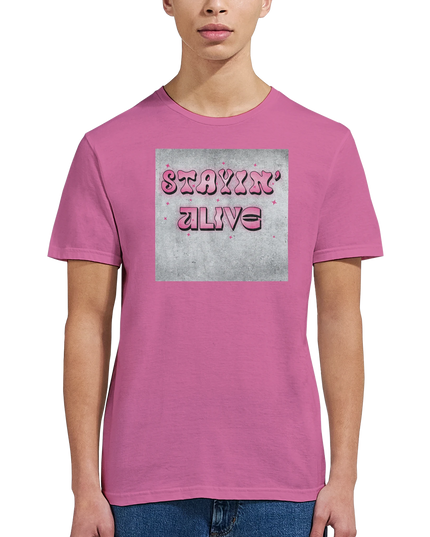 Model wearing Stayin’ Alive long‑live‑disco tee