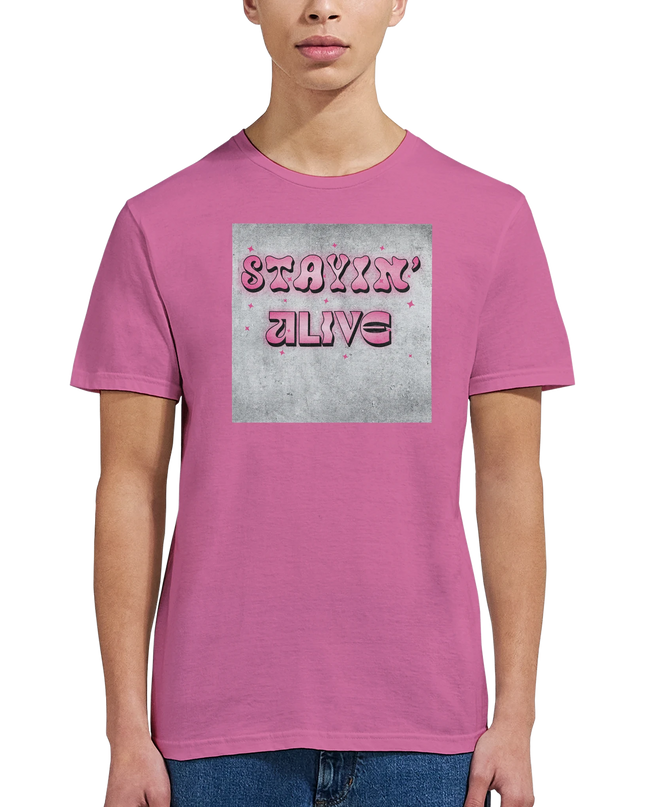 Model wearing Stayin’ Alive long‑live‑disco tee