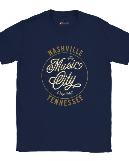 Close-up of Nashville graphic design on relaxed-fit T‑shirt