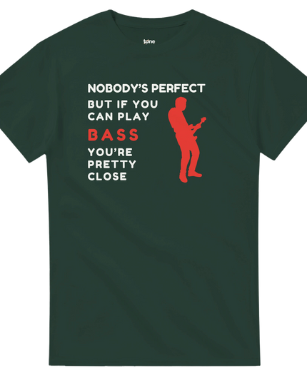 Flat‑lay of bass pun T‑shirt with headphones and guitar pick props