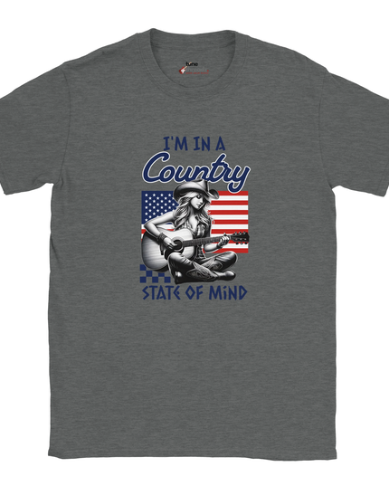Model wearing relaxed-fit Country State of Mind graphic shirt