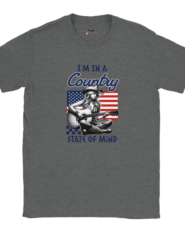 Model wearing relaxed-fit Country State of Mind graphic shirt
