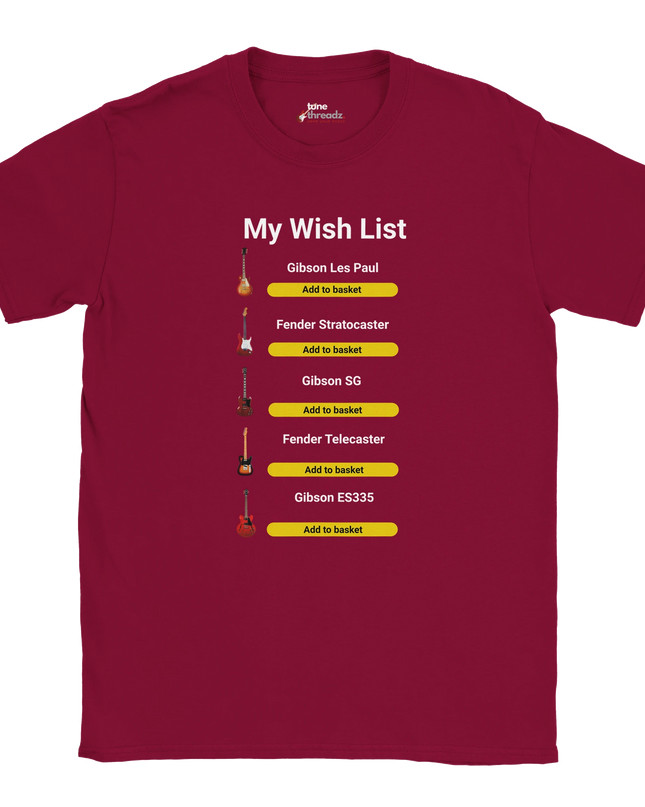 Soft cotton shirt featuring musical icons and wish list text