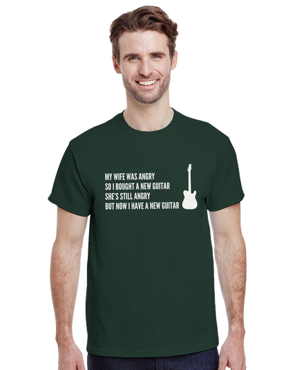 Model wearing the tee holding a guitar in a casual, expressive pose