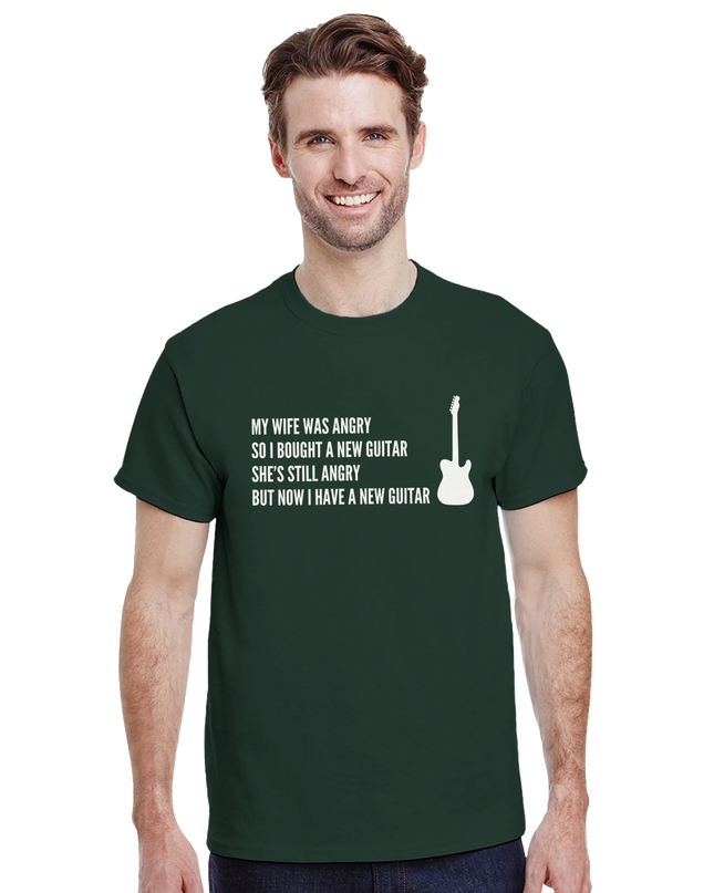 Model wearing the tee holding a guitar in a casual, expressive pose